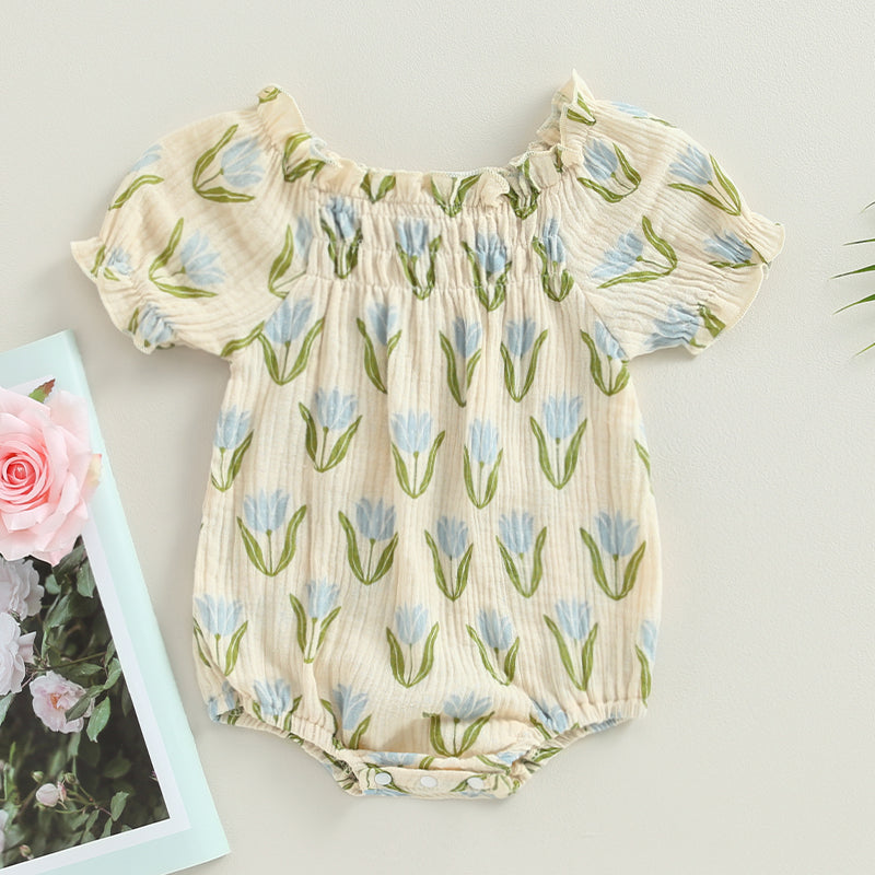 Lioraitiin 0-24M Infant Baby Girls Bodysuit Flower Print Short Puff