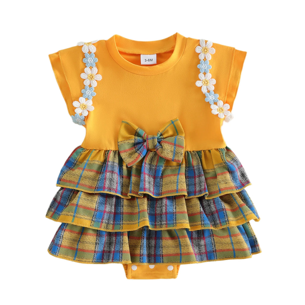 Lioraitiin Baby Girls Rompers Floral Embroidery Plaid Ruffles Skirt