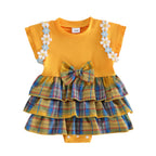 Lioraitiin Baby Girls Rompers Floral Embroidery Plaid Ruffles Skirt