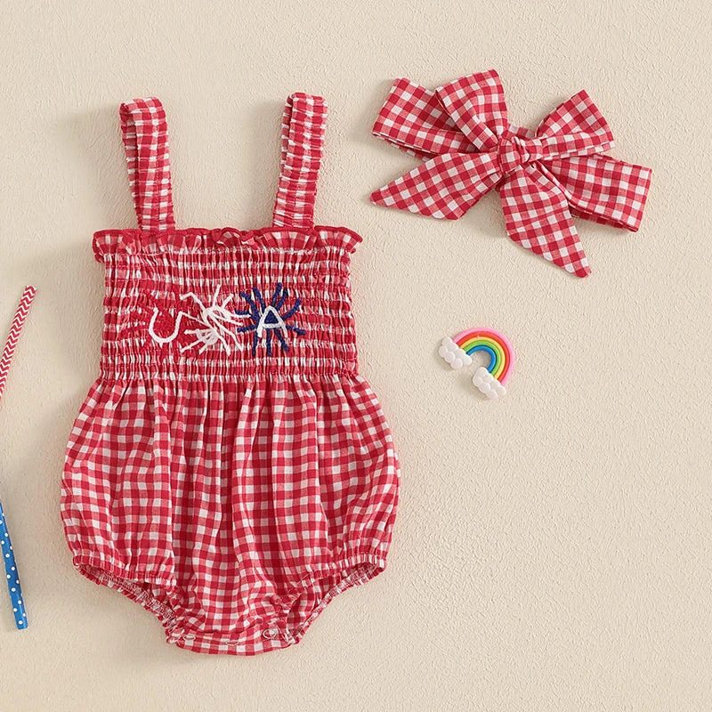 Lioraitiin Baby Girl July 4th Outfit Plaid Letter Embroidery Shirred