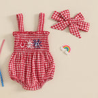 Lioraitiin Baby Girl July 4th Outfit Plaid Letter Embroidery Shirred