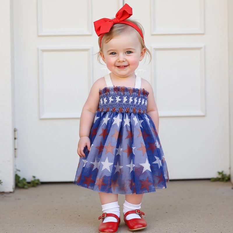 Toddler Girls Fourth of July Cami Dress Sleeveless Stars Print Wing