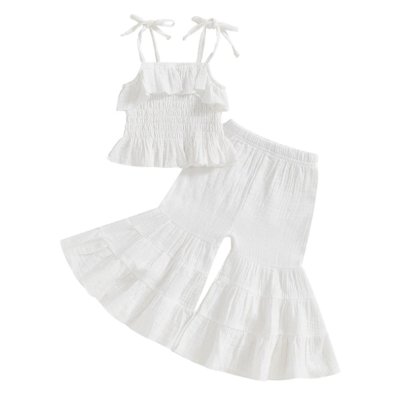 Lioraitiin Toddler Girl Set Sleeveless Smocked Lacing Strap Camisole