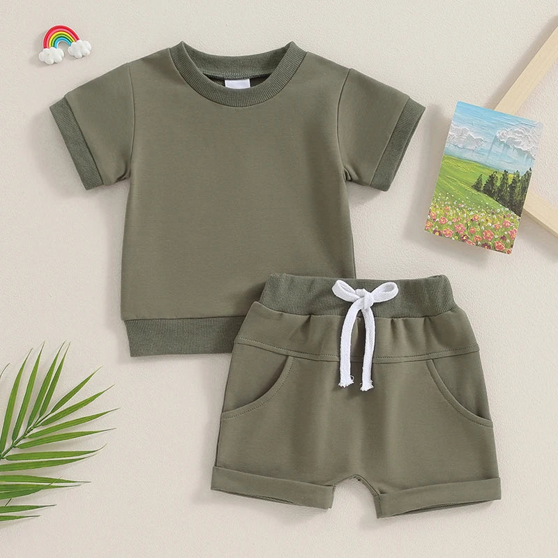 Toddler Baby Solid Color Short Sleeve Round Neck T-Shirt with Shorts