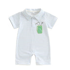 Lioraitiin Baby Boys Striped Jumpsuit Short Sleeve Turn Down Collar