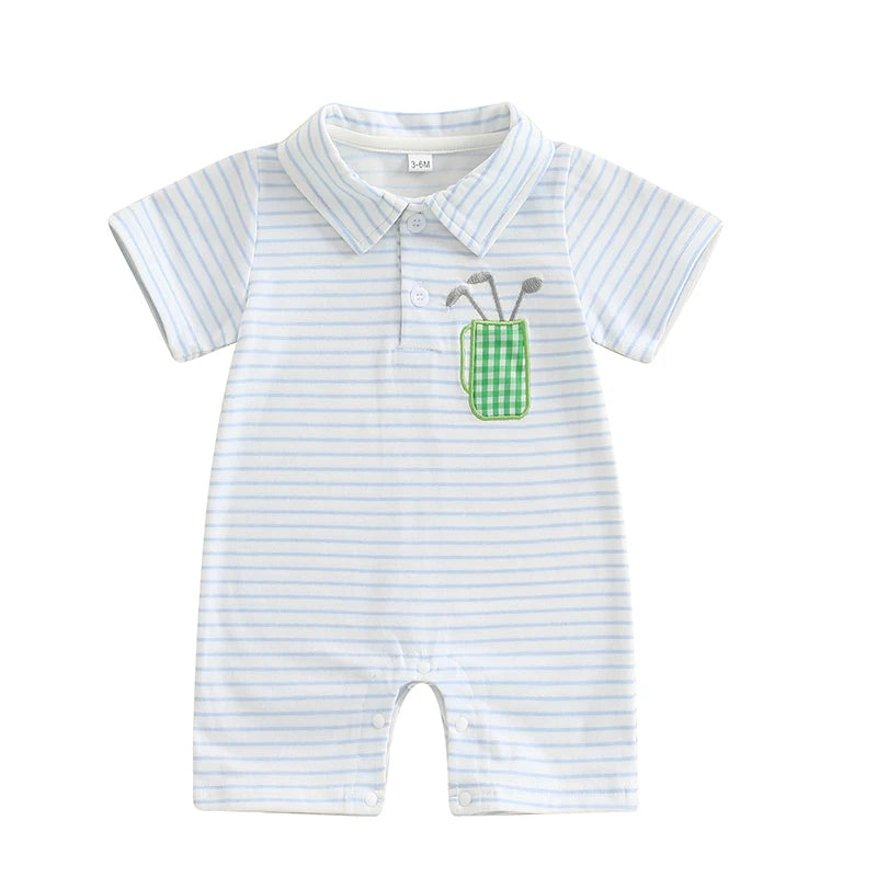 Lioraitiin Baby Boys Striped Jumpsuit Short Sleeve Turn Down Collar