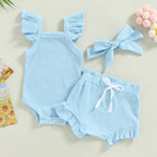 Lioraitiin 0-18M Toddler Girls 3Pcs Fly Sleeve Solid Romper Tops