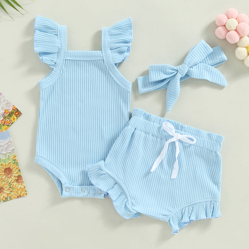 Lioraitiin 0-18M Toddler Girls 3Pcs Fly Sleeve Solid Romper Tops