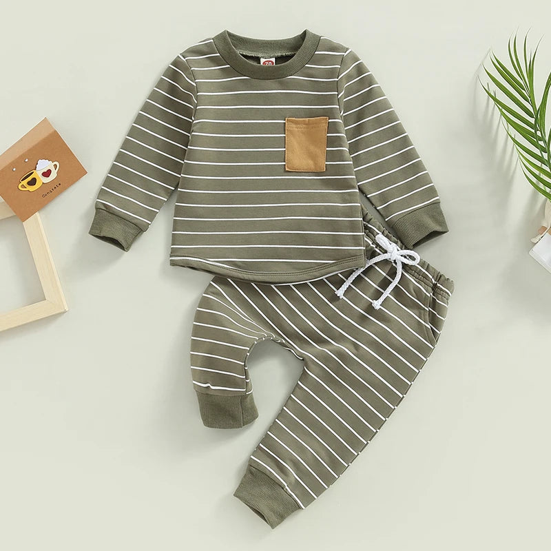 Lioraitiin 0-3Years Baby Boys Pants Set Striped Long Sleeve Crew Neck