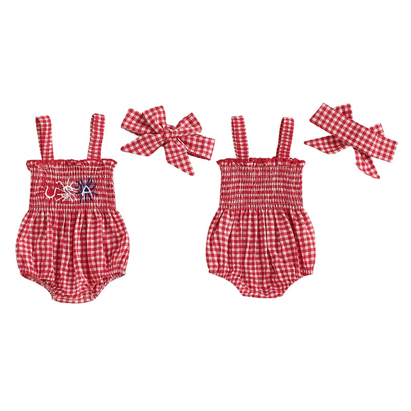 Lioraitiin Baby Girl July 4th Outfit Plaid Letter Embroidery Shirred