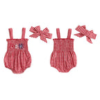 Lioraitiin Baby Girl July 4th Outfit Plaid Letter Embroidery Shirred