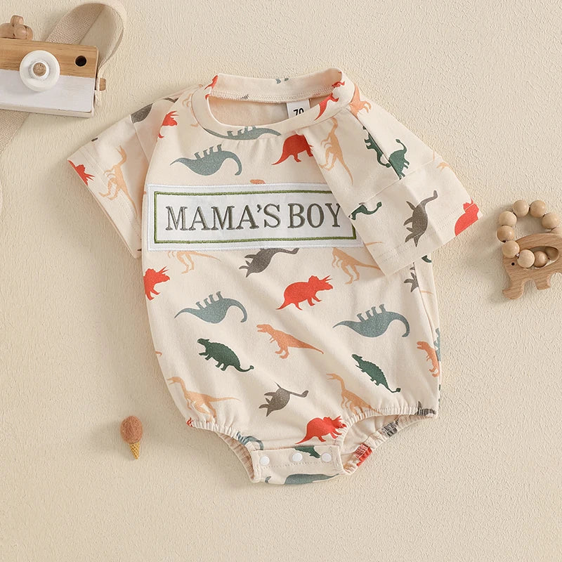 Lioraitiin Baby Boy Dinosaur Romper Letter Embroidery Short Sleeve