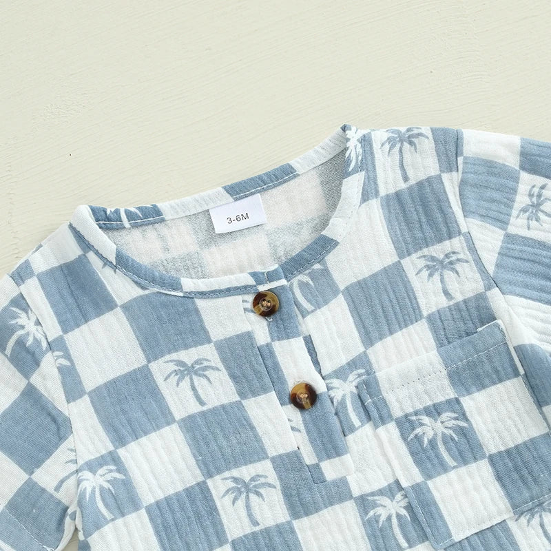 Lioraitiin Newborn Baby Boy Romper Short Sleeve Round Neck Checkered