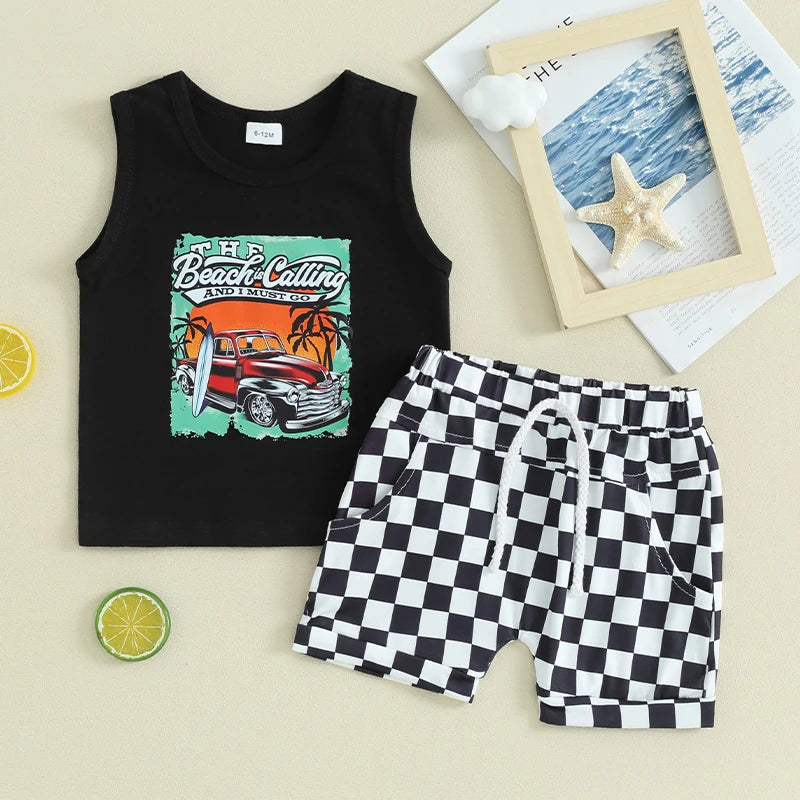 Lioraitiin Toddler Boys Outfits Letter Car Print Sleeveless Tank Tops
