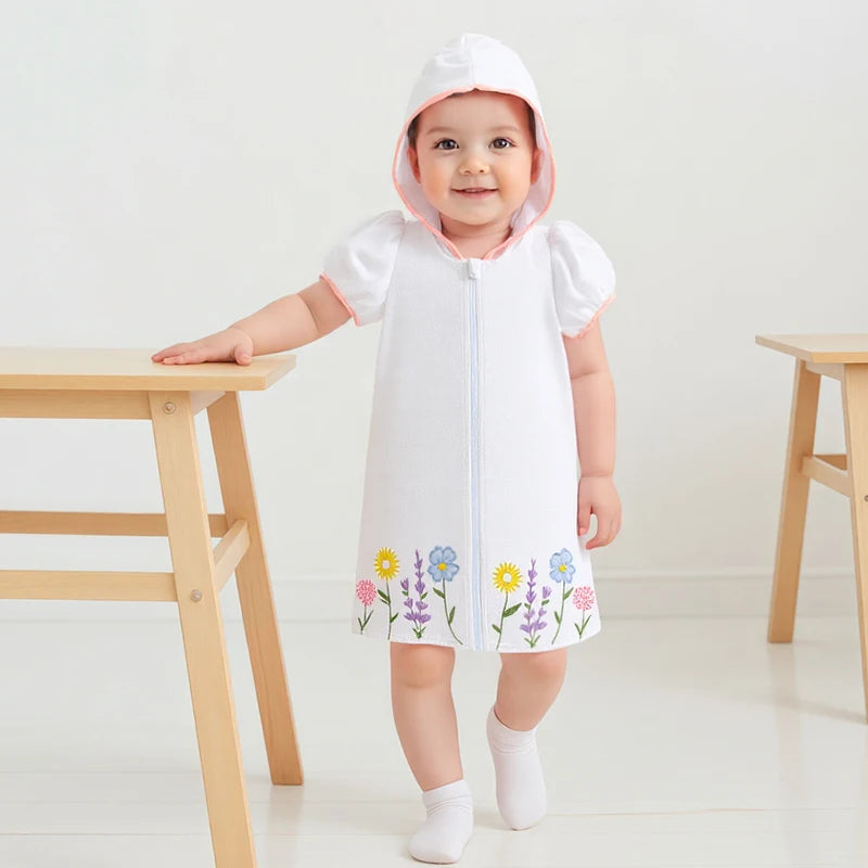 Lioraitiin Kid Girl Hooded Beach Coverup Floral Embroidery Loose Fit