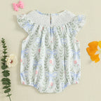 Lioraitiin Baby Girls Romper Fly Sleeve Crew Neck Bow Leaves Print
