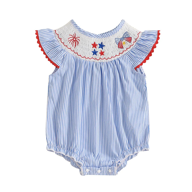 Lioraitiin Baby Girls Romper Fly Sleeve Crew Neck Stripes Embroidery