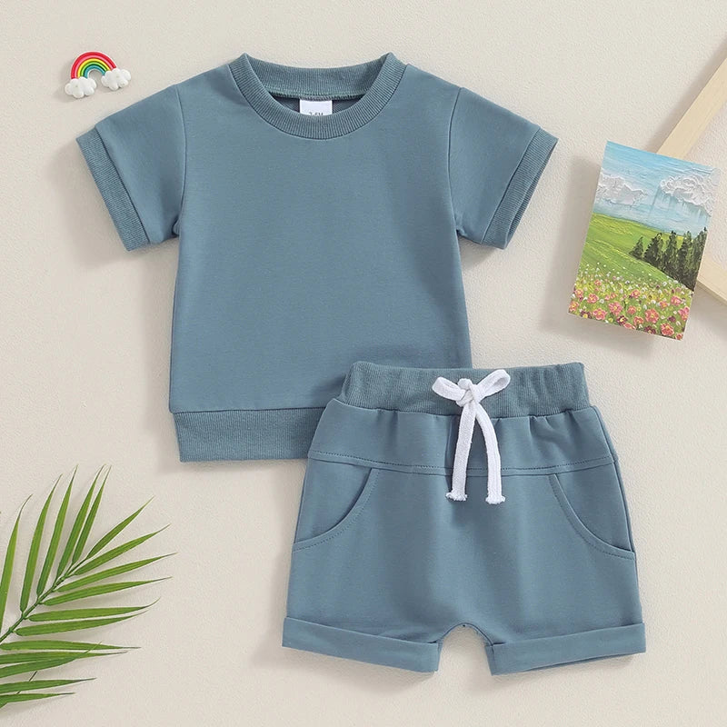 Toddler Baby Solid Color Short Sleeve Round Neck T-Shirt with Shorts