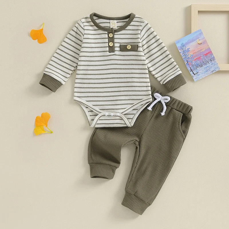 Lioraitiin 0-18M Newborn Baby Boy Girl Waffle Knit Striped Romper