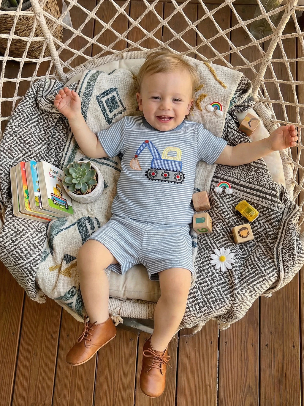 Toddler Baby Boy Outfit Excavator Embroidered Striped Short Sleeve