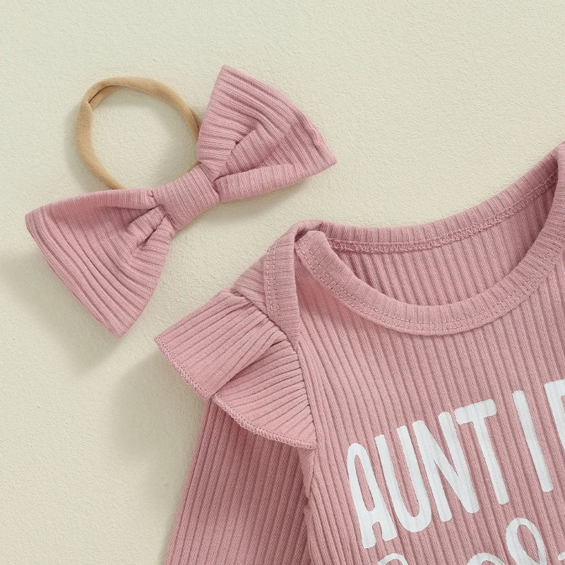 Lioraitiin Baby Girls Ribbed Set Letter Print Long Sleeve Round Neck