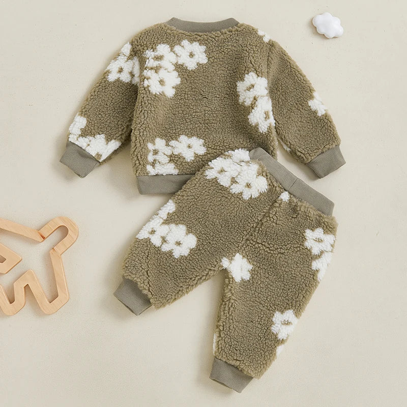 Lioraitiin Toddler Girls Outfits Floral Pattern Fuzzy Long Sleeve