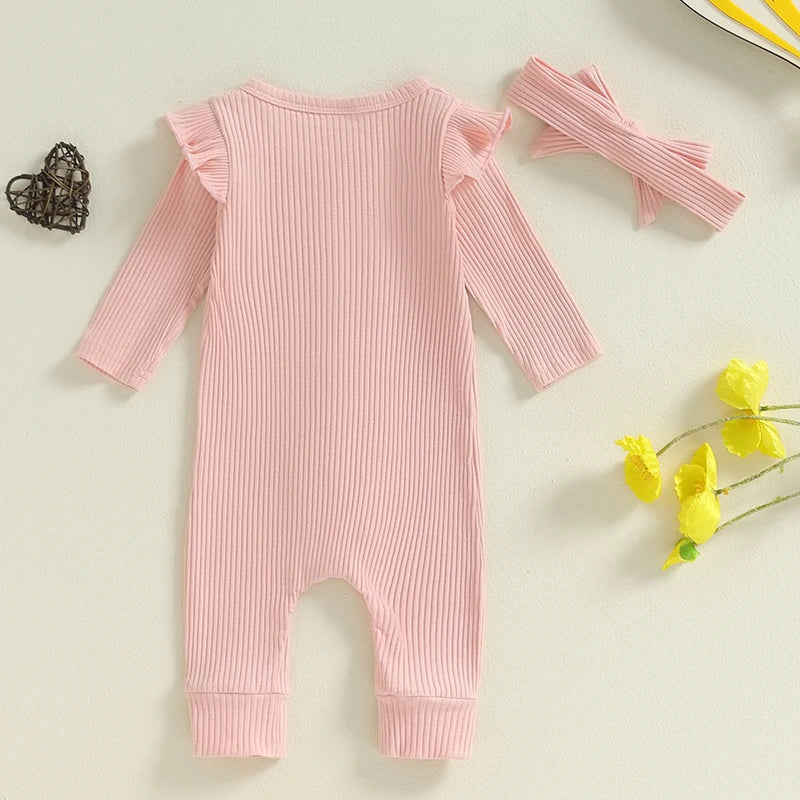 Lioraitiin Baby Girl Rompers Solid Color Buttons Frills Crew Neck