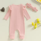Lioraitiin Baby Girl Rompers Solid Color Buttons Frills Crew Neck