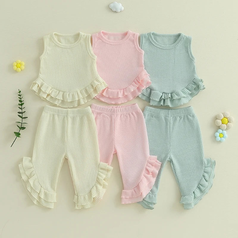 Lioraitiin Toddler Girl Outfits Solid Waffle Round Neck Ruffled Tank