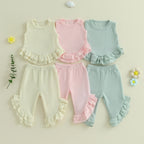 Lioraitiin Toddler Girl Outfits Solid Waffle Round Neck Ruffled Tank