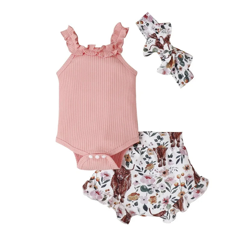 Lioraitiin 0-18M Infant Baby Girl 3Pcs Off Shoulder Romper Tops Bull