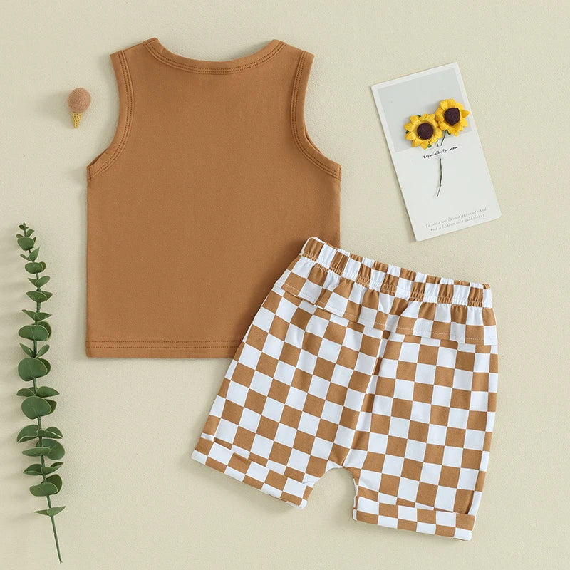 lioraitiin Baby Boy Solid Sleeveless Tank Top Checkered Shorts 2Pcs