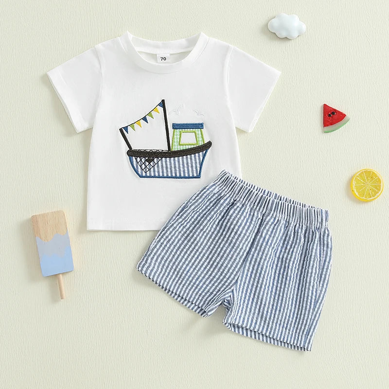 Lioraitiin Toddler Baby Boy Shorts Set Boat Embroidery Short Sleeve