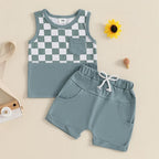 Lioraitiin Toddler Boys Outfits Checkerboard Patchwork Round Neck