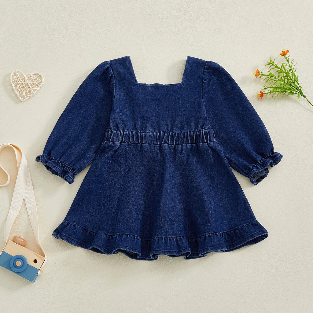 Lioraitiin Toddler Baby Girl Denim Dress Long Puff Sleeve Button Down