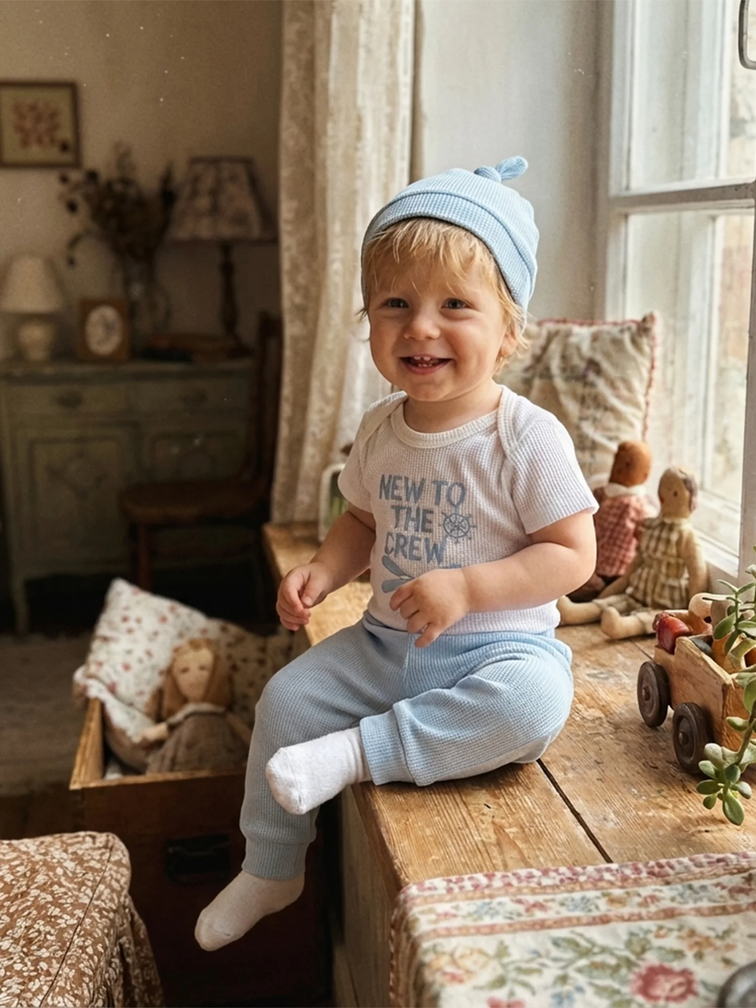 Baby Boys Outfits Letter Embroidery Round Neck Short Sleeve Waffle