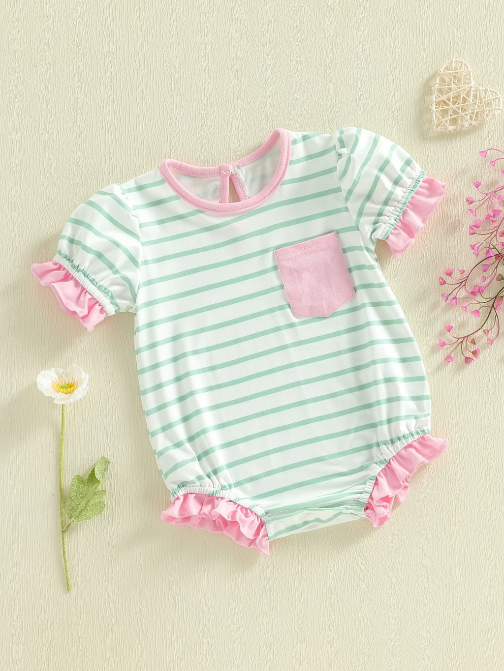 Lioraitiin Baby Girl Striped Romper Ruffle Trim Short Sleeve Crewneck
