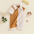 Lioraitiin Baby Boy Jumpsuit Short Sleeve Lapel Collar Stripes Print