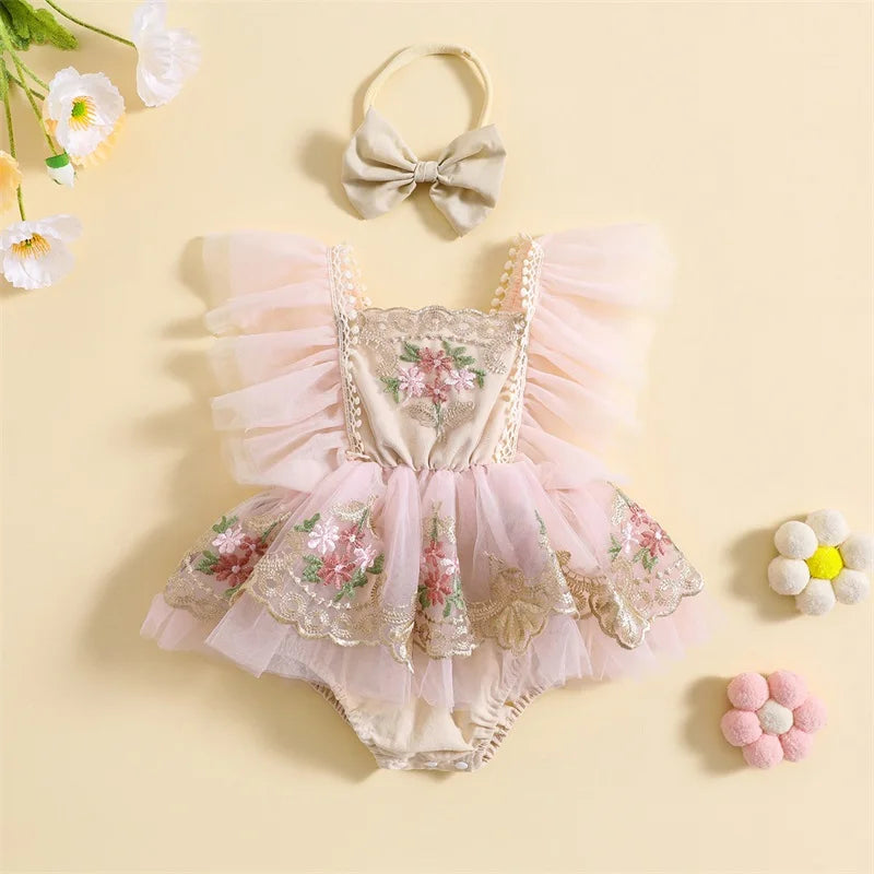 Lioraitiin 0-24M Newborn Girl Outfit Embroidery Flower Fly Sleeve