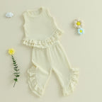 Lioraitiin Toddler Girl Outfits Solid Waffle Round Neck Ruffled Tank