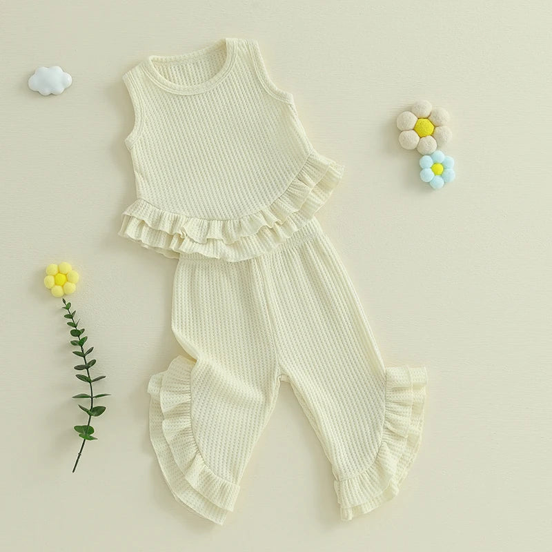 Lioraitiin Toddler Girl Outfits Solid Waffle Round Neck Ruffled Tank