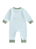Lioraitiin Baby Boy Romper Embroidered Striped Crew Neck Long Sleeve