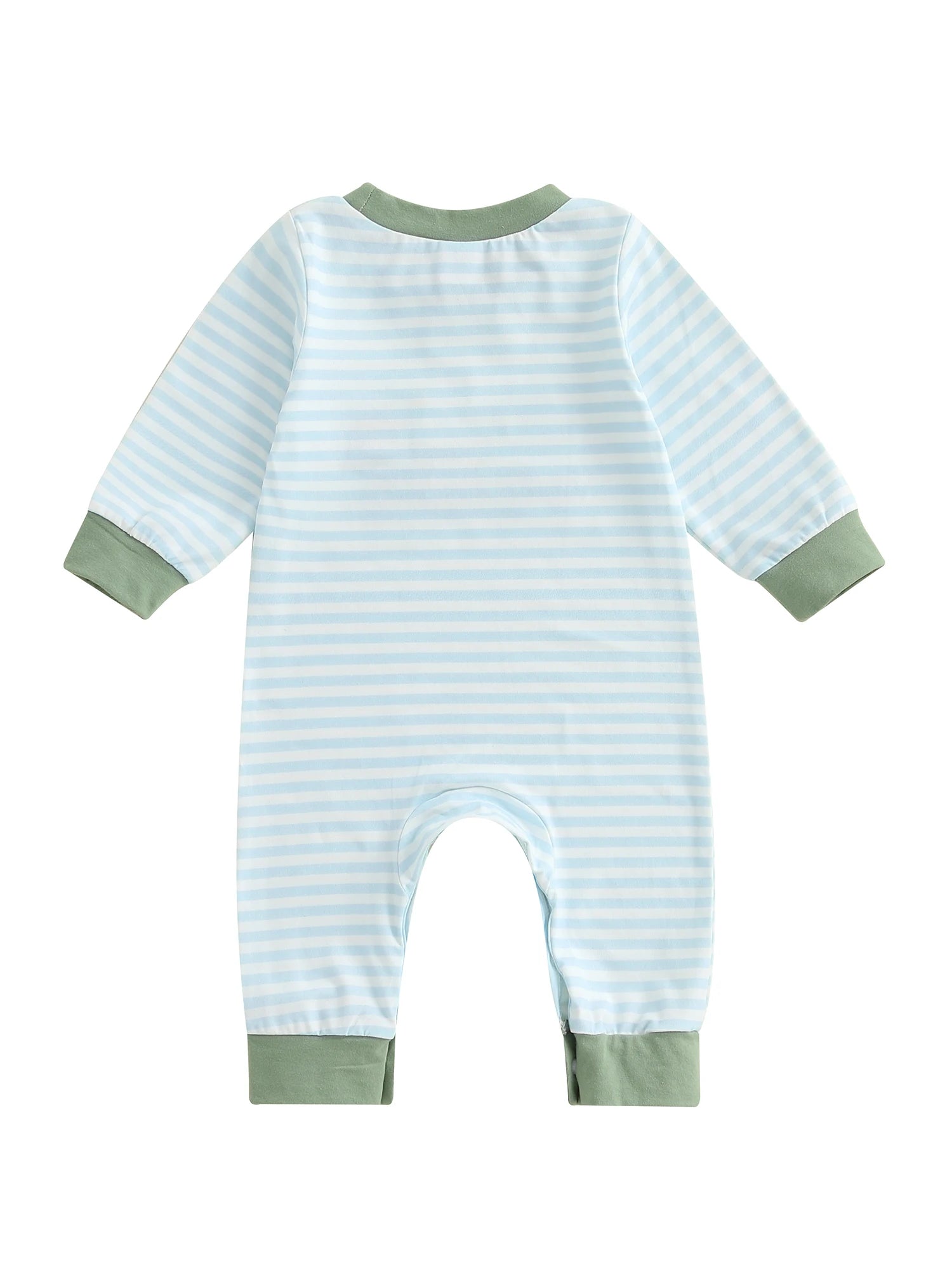 Lioraitiin Baby Boy Romper Embroidered Striped Crew Neck Long Sleeve