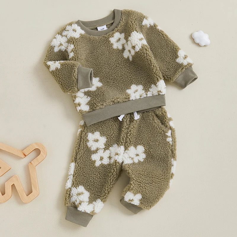 Lioraitiin Toddler Girls Outfits Floral Pattern Fuzzy Long Sleeve