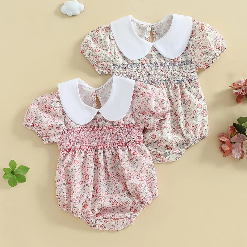 Lioraitiin Newborn Baby Girl Romper Short Sleeve Doll Collar Floral