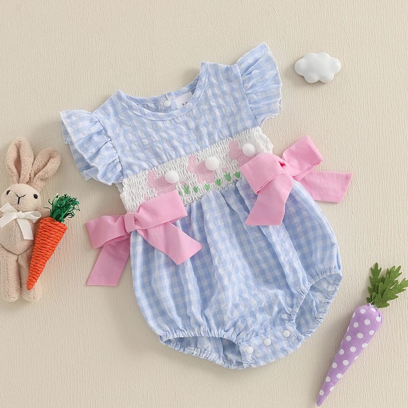 Lioraitiin Baby Girls Rompers Easter Rabbit Embroidery Plaid Fly