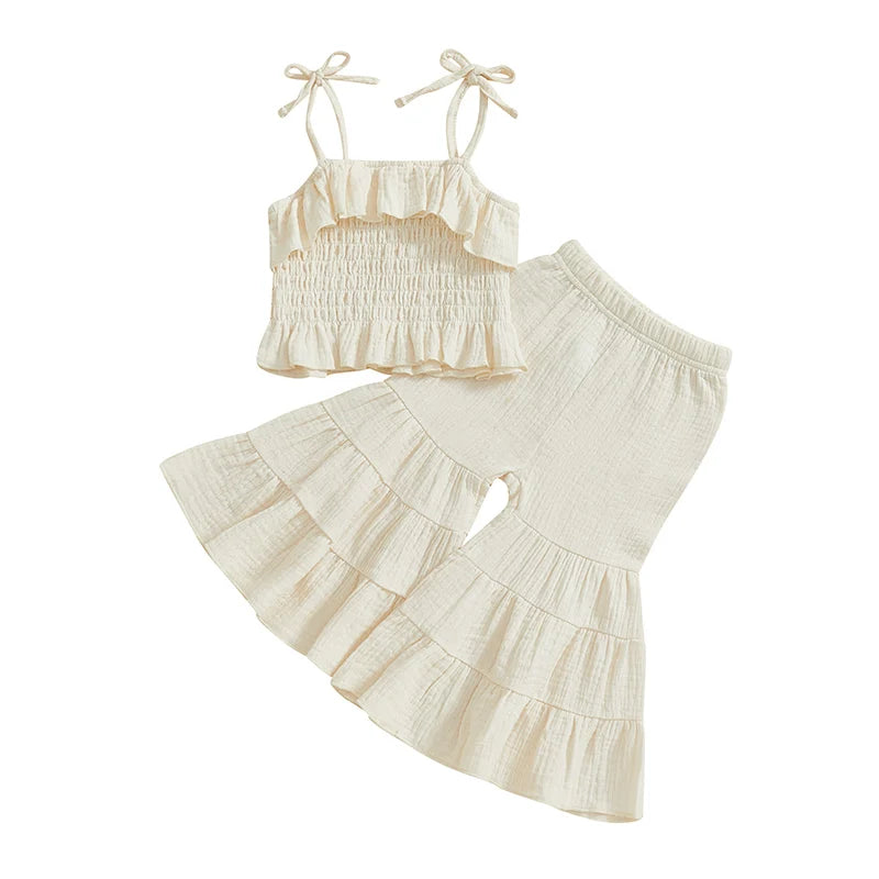 Lioraitiin Toddler Girl Set Sleeveless Smocked Lacing Strap Camisole
