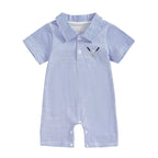 Lioraitiin Baby Boys Striped Jumpsuit Short Sleeve Turn Down Collar