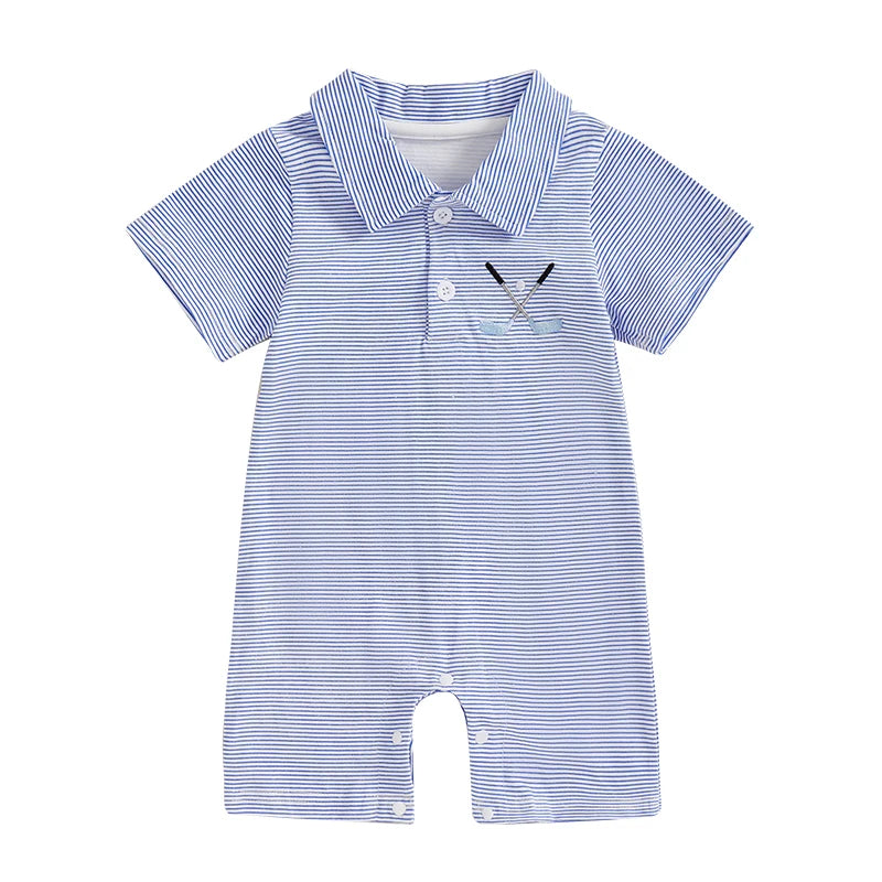 Lioraitiin Baby Boys Striped Jumpsuit Short Sleeve Turn Down Collar