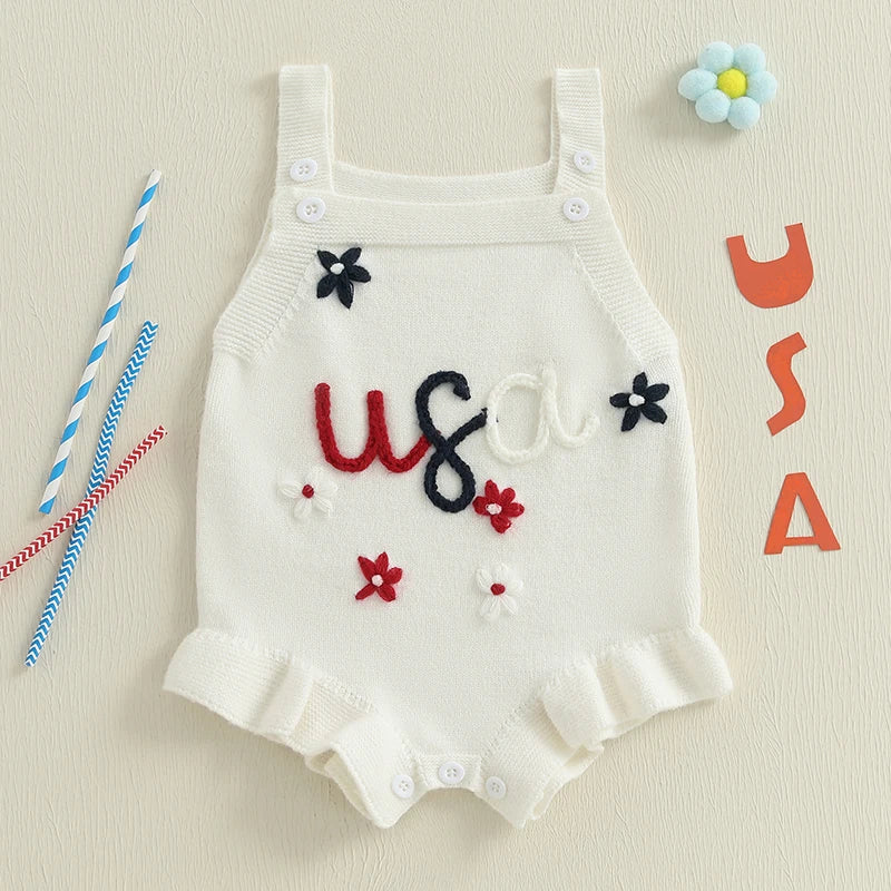 Lioraitiin Baby Girl Knit Overalls Floral Letter Embroidery